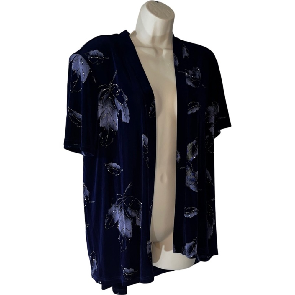 Ladies R & M RICHARDS navy and blue floral short sleeved cardigan dressy church - Picture 3 of 14